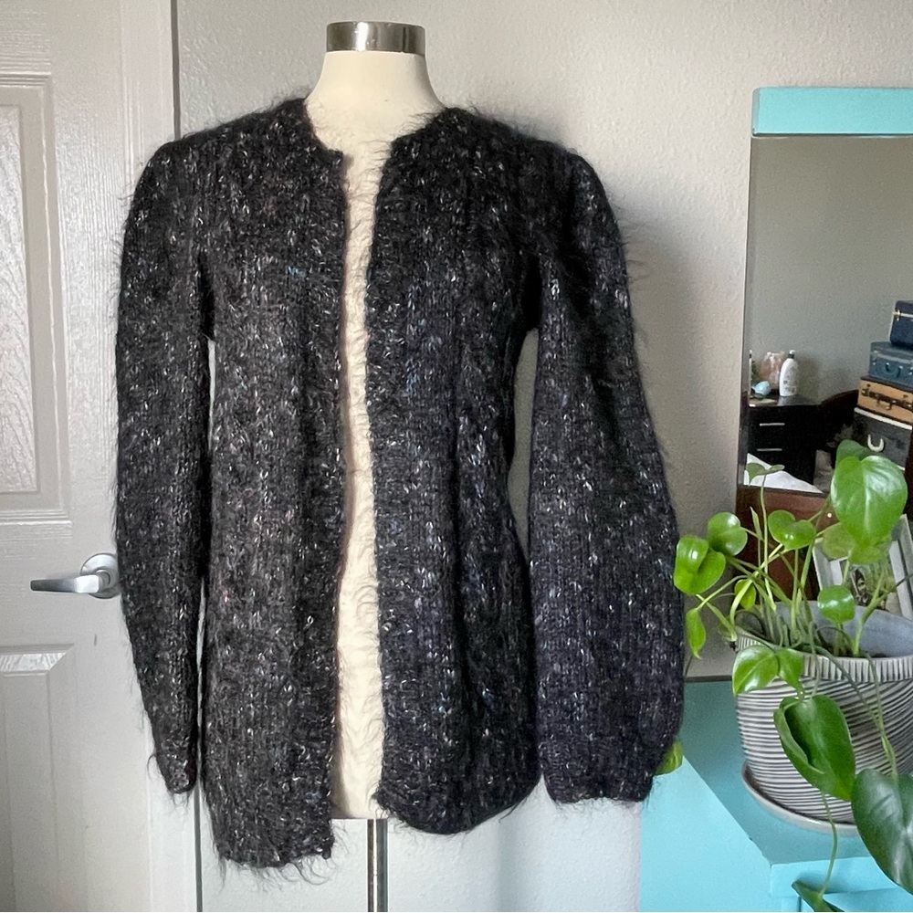 Handknit in Ireland Open Front Wool Mohair Blend Black Women's Cardigan
